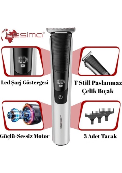 Professional Prince Serisi Sakal Tıraş Makinesi Ense Düzeltme 1-2-3 mm Tarak Dijital Ekran