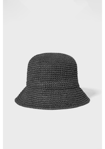 Kadın Hasır Bucket Şapka Naturel Ayarlanabilir Kova Plaj Şapkası Siyah