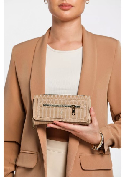 Bej Çok Bölmeli Kullanışlı Kendinden Çizgi Desenli Kadın Cüzdan P-00009369