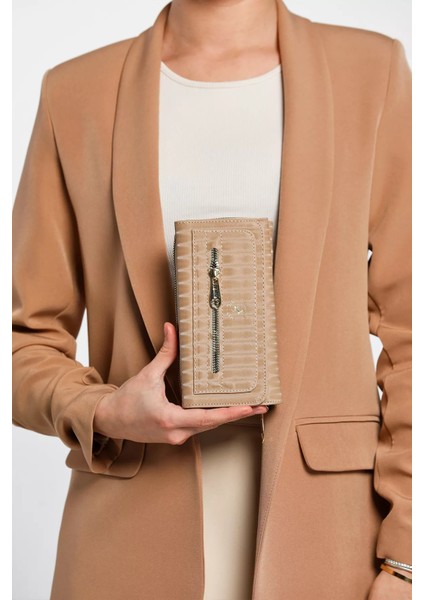 Bej Çok Bölmeli Kullanışlı Kendinden Çizgi Desenli Kadın Cüzdan P-00009369 fiyatları