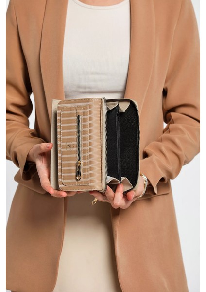 Bej Çok Bölmeli Kullanışlı Kendinden Çizgi Desenli Kadın Cüzdan P-00009369 modelleri