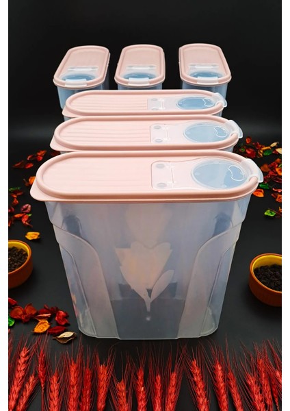Erzak Bakliyat Saklama Kabı ( 4 Litre ) Kiler Box 6 'lı Set Lüks Şık Kutu Çeyiz Seti Pembe