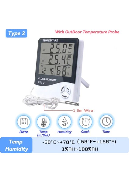 Htc-2 Tarzı LCD Elektronik Dijital Sıcaklık Sensörü Nem Ölçer Arka Işık Termometre Higrometre Ölçer Kapalı Hava Istasyonu Saati (Yurt Dışından)