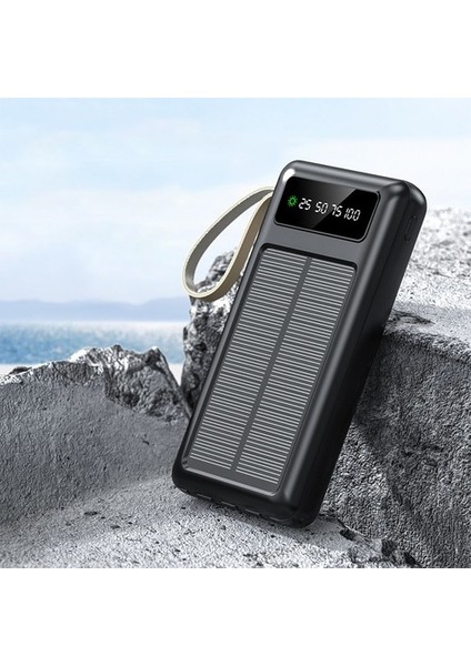 Acl 30000 Mah Powerbank Göstergeli Powerbank Solar Fenerli Güneş Enerjili Type C - Lightning - Micro USB - USB Kablolu Powerbank Taşınabilir Şarj Aleti Hızlı Şarj Aleti Powerbank Pw-60
