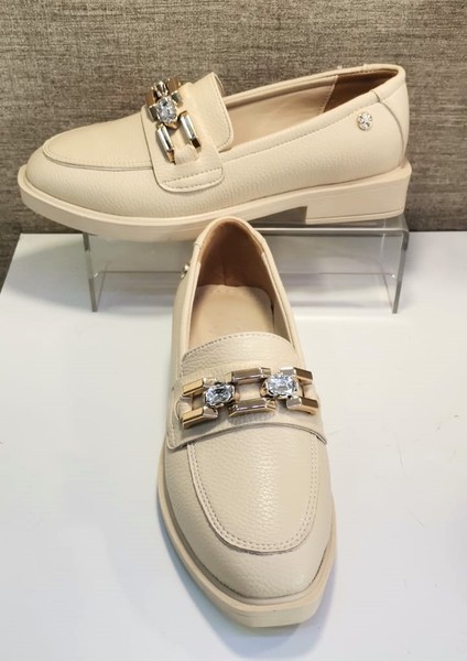 217 Kadın Taşlı Tokalı Kısa Topuklu Casual Ayakkabı Bej indirimleri