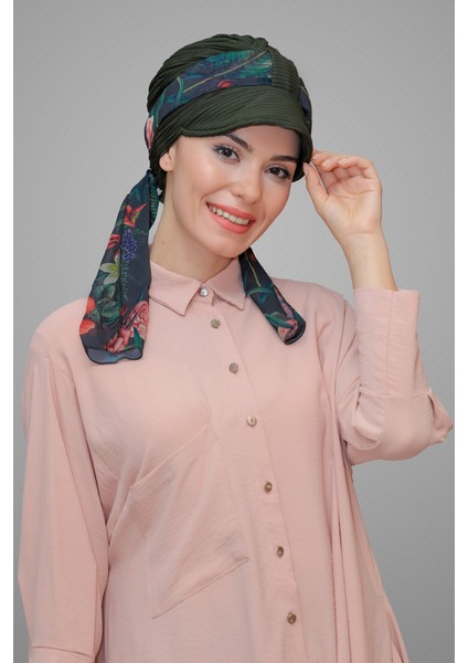 Haki Şapkalı Tesettür Bone Kesik Elyaf Desenli Şifon Kemerli 1902_09