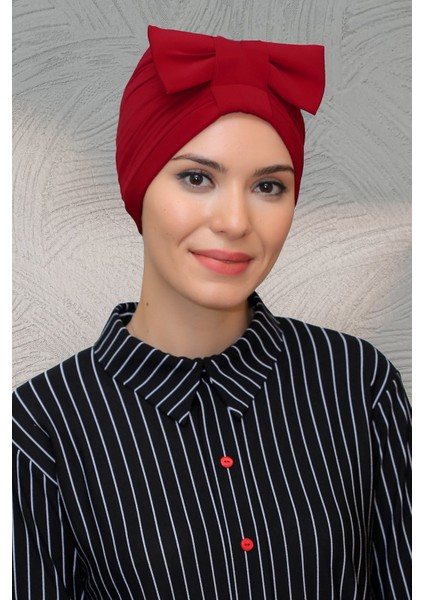Kırmızı Pratik Hazır Geçmeli Tesettür Bone Sandy Kumaş Fiyonklu Büzgülü 7010_31