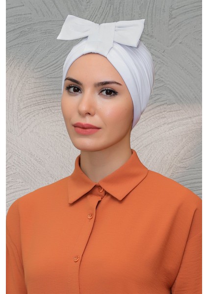 Beyaz Pratik Hazır Geçmeli Tesettür Bone Sandy Kumaş Fiyonklu Büzgülü 7010_42