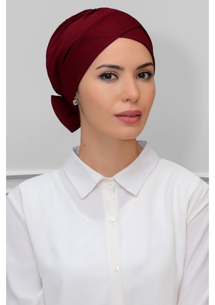 Bordo Pratik Hazır Geçmeli Tesettür Bone Petekli Fiyonklu Çift Taraflı Tek Çapraz 1865_16