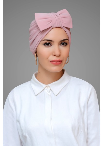 Pudra Pratik Hazır Geçmeli Tesettür Bone Sandy Kumaş Fiyonklu Büzgülü 7006_06