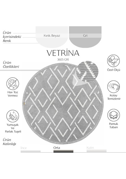 Vetrina 3605 Gri Yumuşak Halı Kilim Salon Mutfak Koridor Kesme Yolluk Yuvarlak Makine Halısı