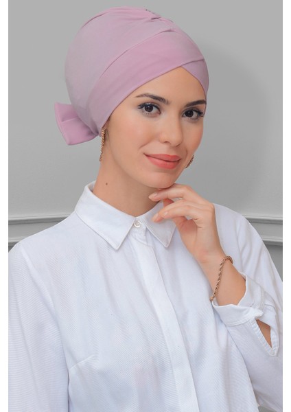 Pudra Pratik Hazır Geçmeli Tesettür Bone Sandy Kumaş Fiyonklu Çift Taraflı Tek Çapraz 1833_06