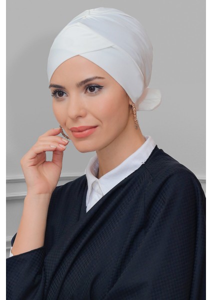 Krem Pratik Hazır Geçmeli Tesettür Bone Sandy Kumaş Fiyonklu Çift Taraflı Tek Çapraz 1833_40