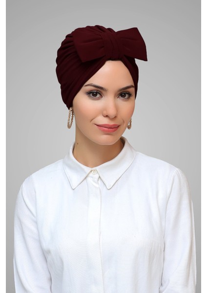 Bordo Pratik Hazır Geçmeli Tesettür Bone Sandy Kumaş Fiyonklu Büzgülü 7006_16