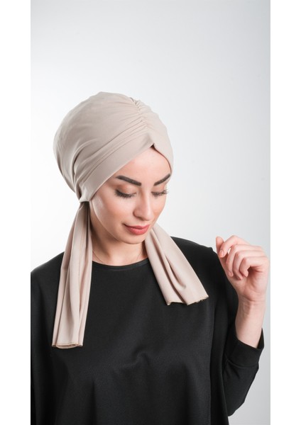 Bej Pratik Hazır Geçmeli Tesettür Bone Kesik Elyaf Sade 2111_12 modelleri