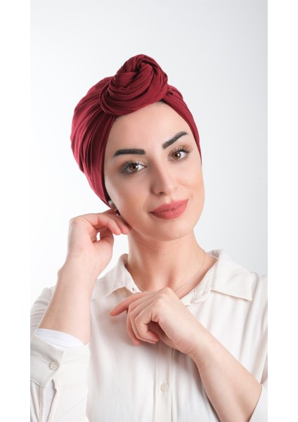 Bordo Pratik Hazır Geçmeli Tesettür Bone Kesik Elyaf Sade 2111_16