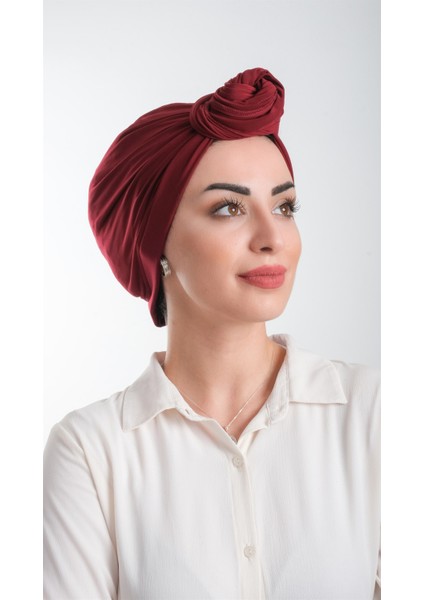 Bordo Pratik Hazır Geçmeli Tesettür Bone Kesik Elyaf Sade 2111_16