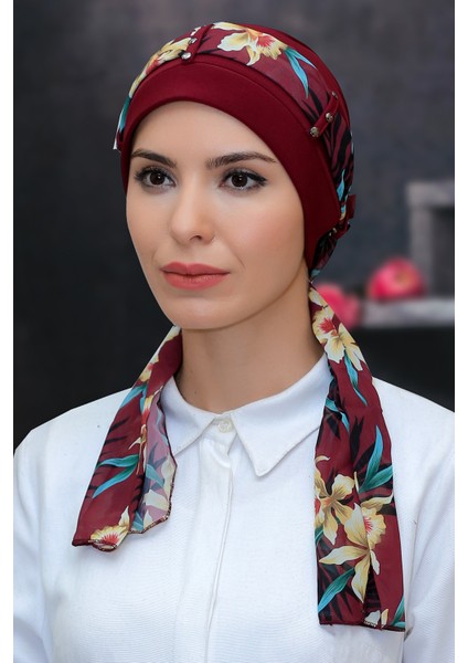 Bordo Pratik Hazır Geçmeli Tesettür Bone Sandy Kumaş Desenli Şifon Kemerli 1305D_16