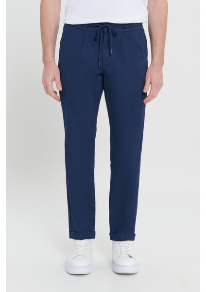 Erkek Lacivert Comfort Fit Rahat Kesim Yan Cepli Pantolon