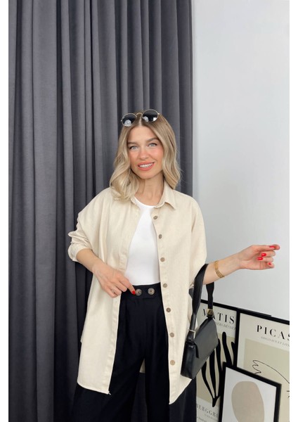 Taş Rengi Premium Oversize Keten Gömlek modelleri