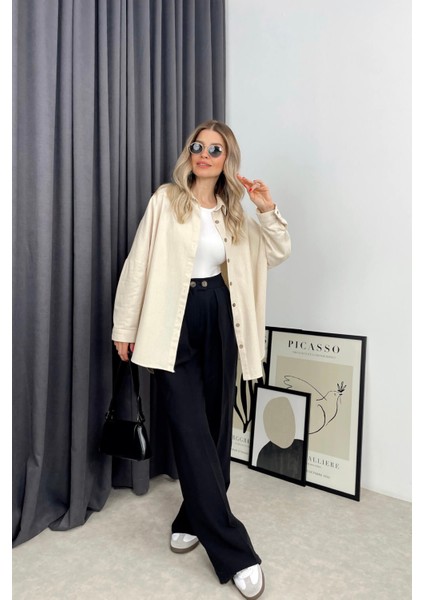 Taş Rengi Premium Oversize Keten Gömlek fırsatları