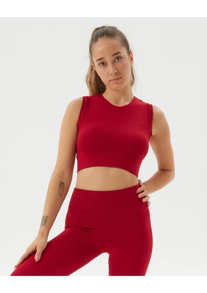Kırmızı Sırt Dekolteli Drape Detaylı Crop Sırt Pencereli Büstiyer