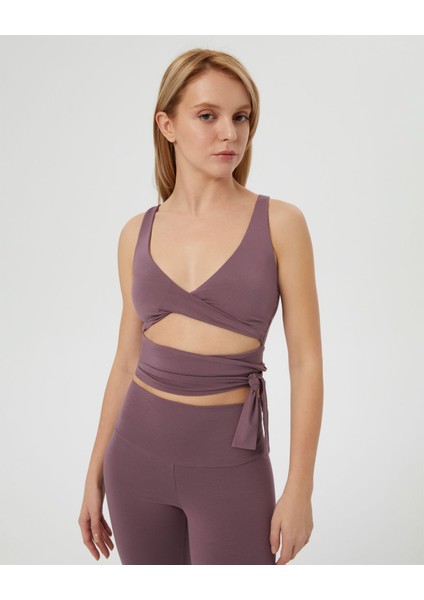 Lila Kadın EcoVero Viskoz, Kadın Önü Burgulu Belden Bağlamalı Göğüs Pedli Spor Pilates Yoga Büstiyer