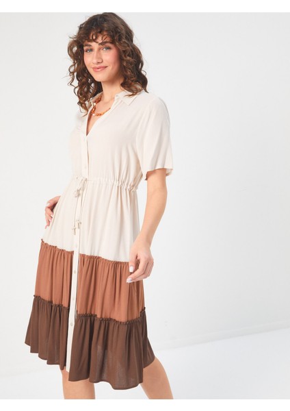 Renk Bloklu Parçalı Etekli Viskon Elbise 68276