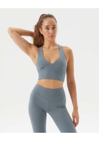 Mavi Organik Pamuk Dekolteli Göğüs Pedli Çapraz Askılı Crop Halter Büstiyer