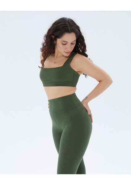 Haki Organik Pamuk Kare Yaka Yoga Spor Sütyeni