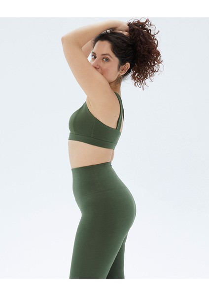 Haki Organik Pamuk Kare Yaka Yoga Spor Sütyeni