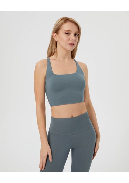 Mavi Gri EcoVero Viskoz, Yüzücü Askılı Kare Yaka Basic Crop Yoga Pilates Spor Sütyeni