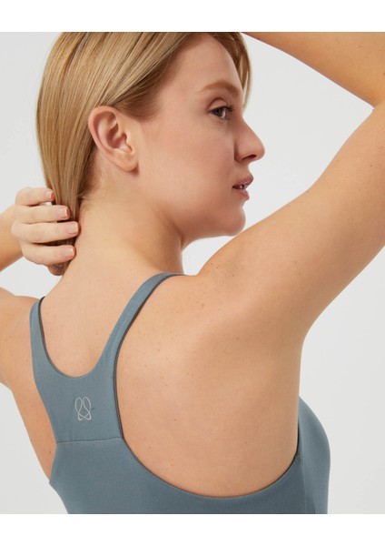 Mavi Gri EcoVero Viskoz, Yüzücü Askılı Kare Yaka Basic Crop Yoga Pilates Spor Sütyeni modelleri