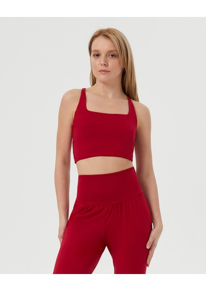 Kırmızı EcoVero Viskoz, Yüzücü Askılı Kare Yaka Basic Crop Yoga Pilates Spor Sütyeni