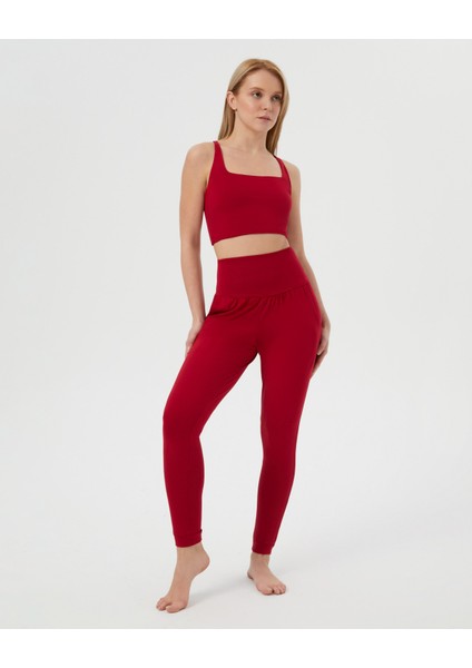 Kırmızı EcoVero Viskoz, Yüzücü Askılı Kare Yaka Basic Crop Yoga Pilates Spor Sütyeni modelleri