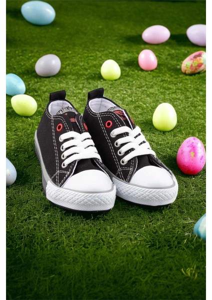 Unisex Erkek Kız Çocuk Keten Kısa Convers Modeli Bağcıklı Spor Ayakkabı Siyah