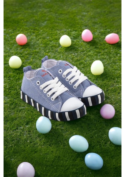 Unisex Çocuk Keten Kısa Convers Modeli Bağcıklı Spor Ayakkabı Mavi
