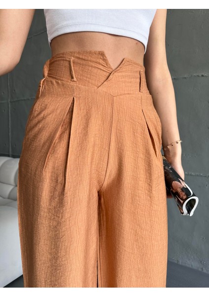 EKE TEKSTİL Kadın Camel Keten Paçaları Yırtmaçlı Pantolon fiyatları