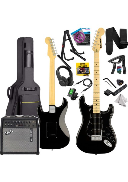 RPH-40BK-50AMP Full Black 50W Şarjlı BT Amfili Elektro Gitar Seti HSH Manyetik Maple Klavye