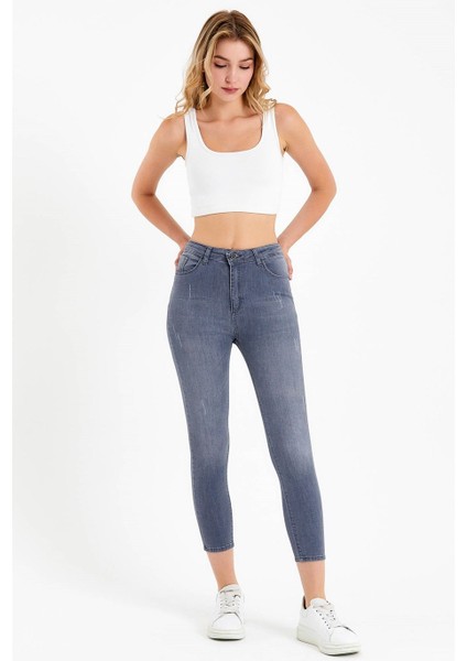 Kadın Gri Yüksek Bel Skinny Jean