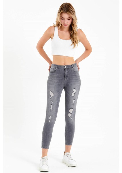 Gri Yüksek Bel Yırtık Detaylı Skinny Jean modelleri