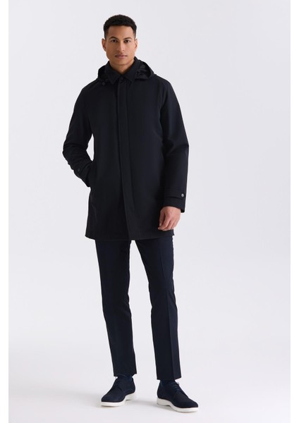 Siyah Comfort Fit Kapüşonlu Gizli Fermuarlı Klasik Model Mont