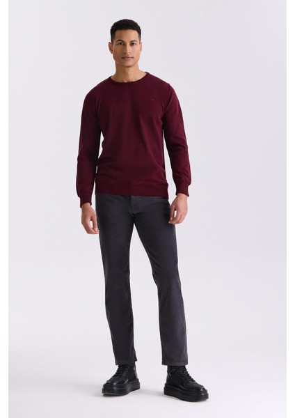 Bordo Slim Fit Bisiklet Yaka Triko Kazak