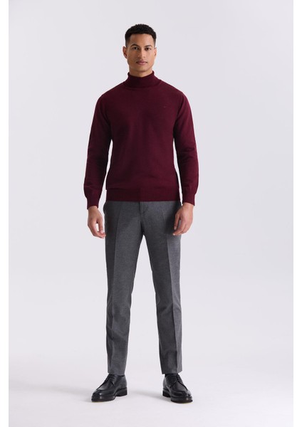 Bordo Slim Fit Tam Balıkçı Yaka Triko Kazak