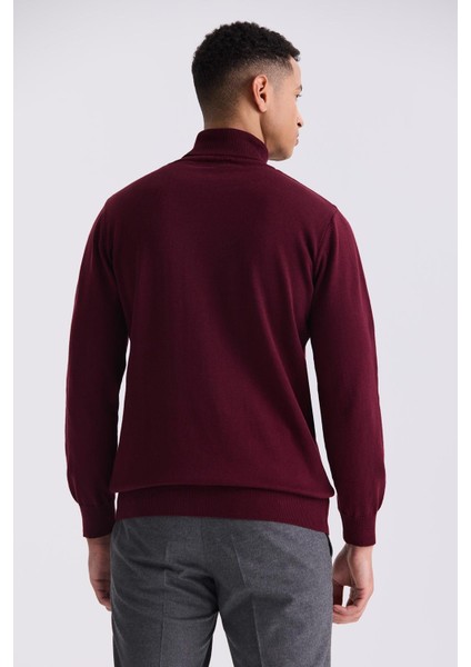 Bordo Slim Fit Tam Balıkçı Yaka Triko Kazak