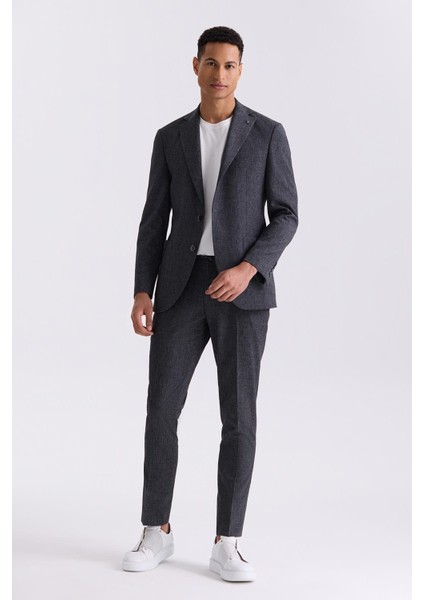 Siyah Slim Fit Mono Yaka Keten Takım Elbise