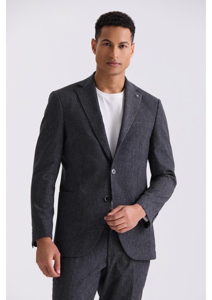 Siyah Slim Fit Mono Yaka Keten Takım Elbise