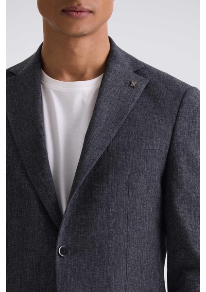 Siyah Slim Fit Mono Yaka Keten Takım Elbise
