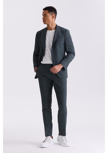 Yeşil Slim Fit Mono Yaka Keten Takım Elbise