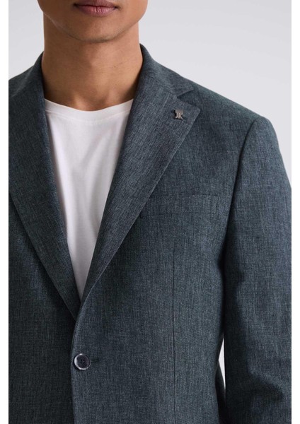 Yeşil Slim Fit Mono Yaka Keten Takım Elbise